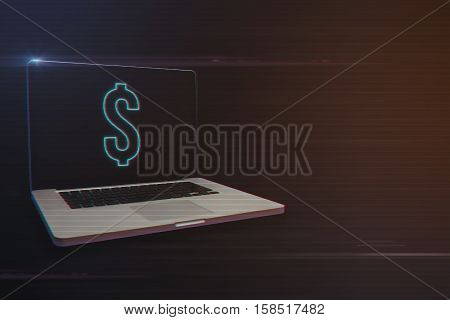 Laptop with Dollar Sign Icon on Light Motion Background and Lens Flare - Digital 3d Effect Style Color