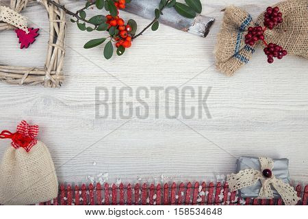 Christmas background on wooden table and copy space