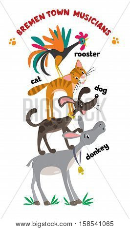 Set of cartoon or children illustrations of funny Bremen Town Musicians, cat, dog, rooster and donkey, each stand on the back of another animal. From a german fairy tale