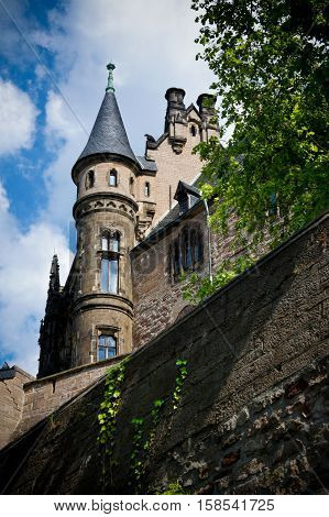 The corner tower of the ancient castle of the 12th century Wernigerode, in the heart of Germany.