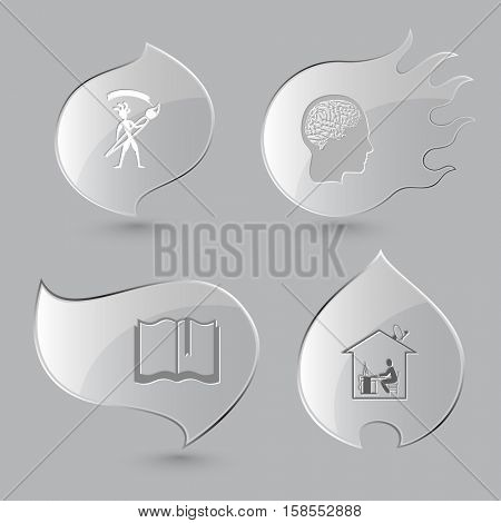 4 images: ethnic little man with brush, human brain, book, home work. Education set. Glass buttons on gray background. Fire theme. Vector icons.