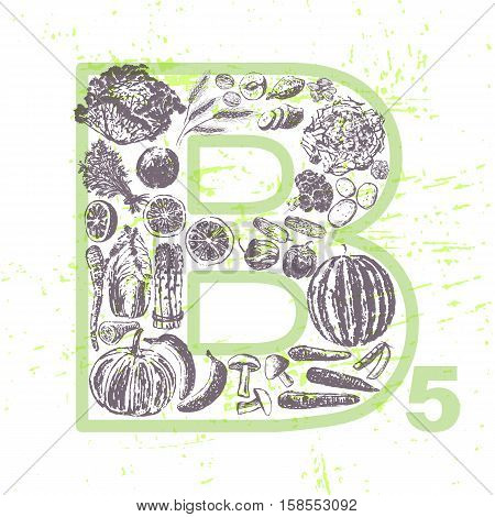 ink hand drawn fruits and vegetables that contain vitamin B5