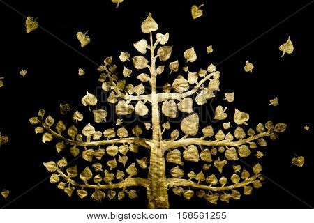 Painting Golden Tree on paper on black background