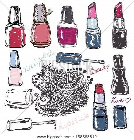Vector hand drawn set of nail polishes and lipsticks. Different shapes and colors