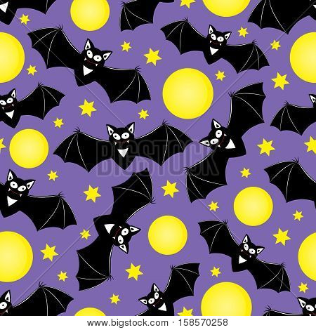 Vector seamless pattern with different cute objects: black bats stars and moon. Good for halloween packing prints and textile production