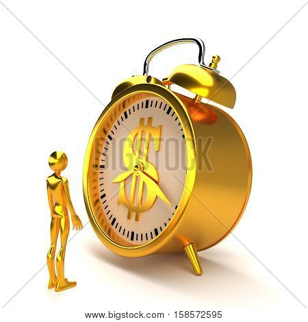Golden alarm clock with dollar sign, figure and clipping path.