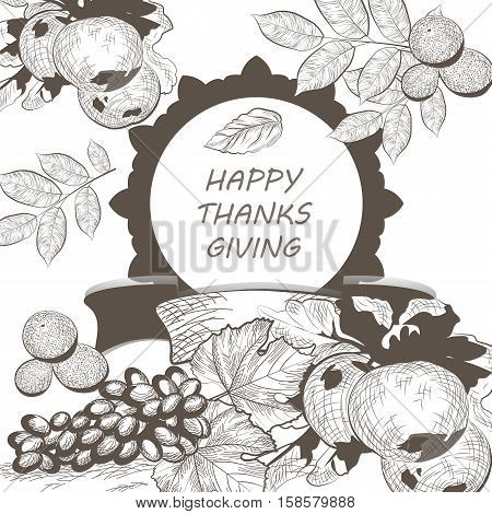 Vintage Thanksgiving Day Card. Vector Season Harvest decor. Retro Hand drawn engraved technique