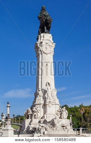 Marques de Pombal Square and Monument in Lisbon, placed in the center of the busiest roundabout of Portugal. One of the landmarks of the city.