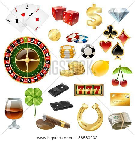 Dice poker chips casino equipment and gambling supply with glass wine sigaar glossy icons collection isolated vector illustration