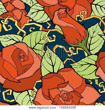 Seamless ornamental colorful pattern with stylized red roses and abstract flowers. Ethnic floral design template can be used for wallpaper, pattern fills, textile, fabric, wrapping, surface textures