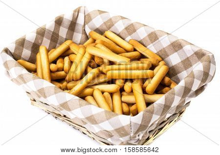Crispy bread sticks with salt and spices. Studio Photo