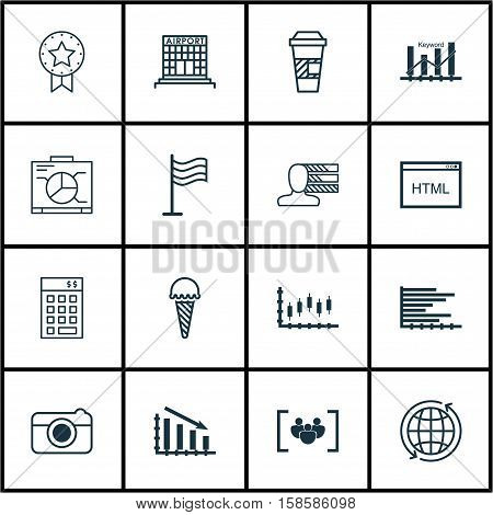 Set Of 16 Universal Editable Icons. Can Be Used For Web, Mobile And App Design. Includes Icons Such As Takeaway Coffee, Coding, Stock Market And More.