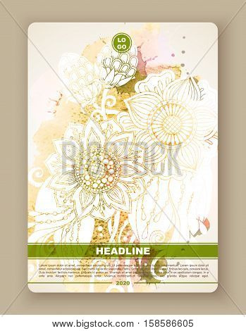 Template for vintage card with detailed hand drawn zentangle inspired flowers. Save the date cards, wedding invitation and decorative elements. Floral invites, boho style.