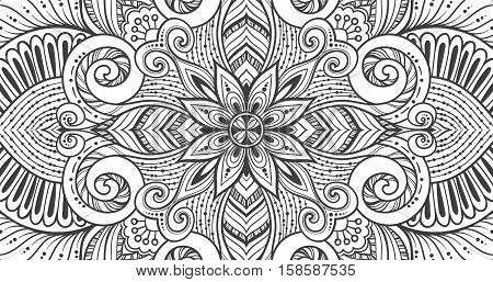Asian ethnic floral retro doodle black and white background pattern in vector. Islam, Arabic, Indian, ottoman motifs design tribal pattern. Zentangle circles for printing on fabric or paper.