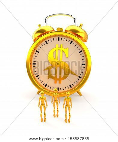Golden alarm clock with dollar sign, figures and clipping path.