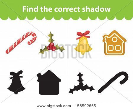 Children s educational game, find correct shadow silhouette. Christmas set for game to find the right shade. Vector illustration