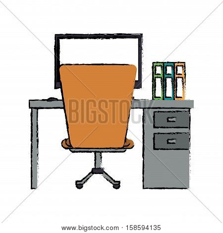 cartoon worplace desktop computer books chair vector illustration eps 10