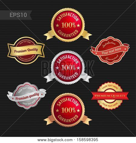 Set of satisfaction guarantee and premium quality emblem or badge with award ribbon in red color tone