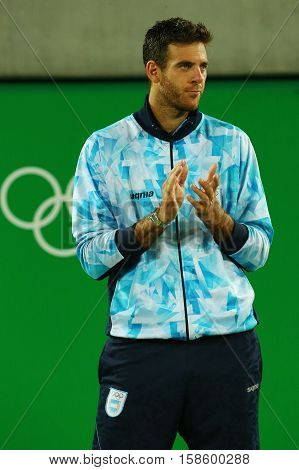 RIO DE JANEIRO, BRAZIL - AUGUST 14, 2016: Silver medalist Juan Martin Del Potro of Argentina during tennis men's singles medal ceremony of the Rio 2016 Olympic Games at the Olympic Tennis Centre