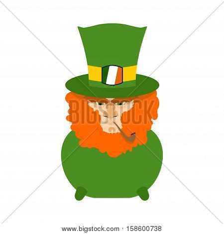 Leprechaun With Red Beard In Pot. St. Patricks Day Character. Irish Holiday