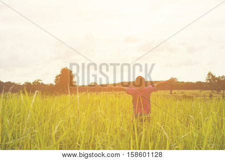 Child happy with mountain view,Or boy happy for trvel and relax with mountain and sunshine view.2