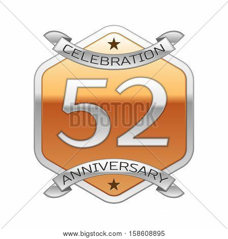 Fifty two years anniversary celebration silver logo with silver ribbon and golden hexagonal ornament on white background.