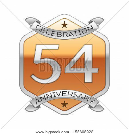 Fifty four years anniversary celebration silver logo with silver ribbon and golden hexagonal ornament on white background.