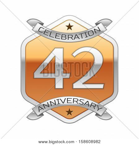 Forty two years anniversary celebration silver logo with silver ribbon and golden hexagonal ornament on white background.