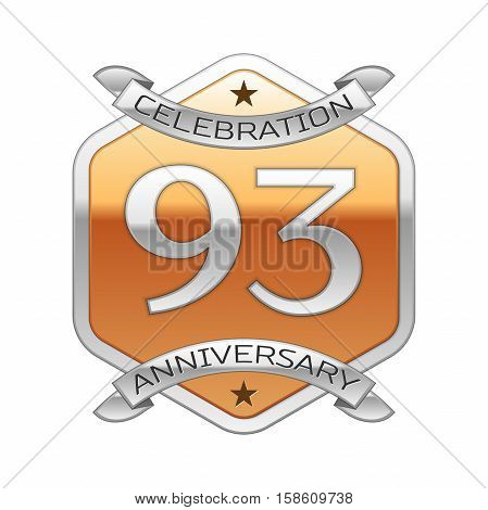 Ninety three years anniversary celebration silver logo with silver ribbon and golden hexagonal ornament on white background.