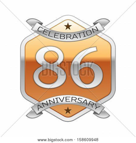 Eighty six years anniversary celebration silver logo with silver ribbon and golden hexagonal ornament on white background.