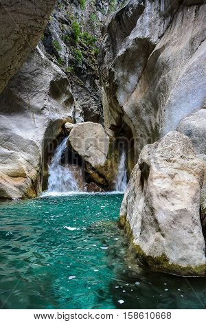 amazingly beautiful blue river in the canyon