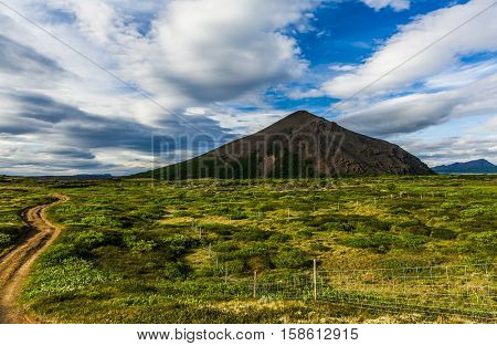 Road leading to Vindbelgur, volcano near the lake Myvatn - northern Iceland