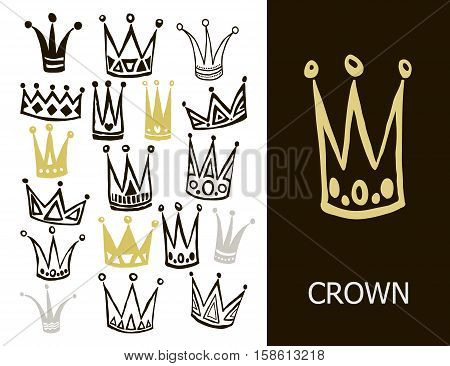 Set of cute cartoon crowns. Hand drawing vector background. Graphic black and gold image on white background. Vector illustration.