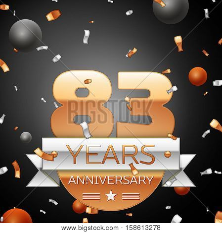 Eighty three years anniversary celebration background with silver ribbon confetti and circles. Anniversary ribbon. Vector illustration.