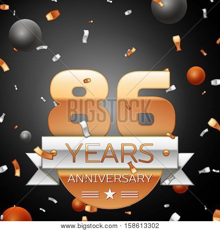 Eighty six years anniversary celebration background with silver ribbon confetti and circles. Anniversary ribbon. Vector illustration.