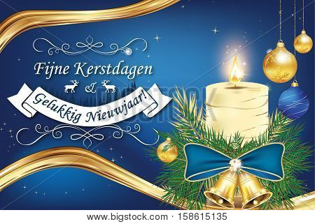 Merry Christmas and Happy New Year (Fijne Kerstdagen en Gelukkig Nieuwjaar!) - dutch elegant greeting card for winter season. Print colors used. Size of a custom printable card