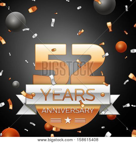 Fifty two years anniversary celebration background with silver ribbon confetti and circles. Anniversary ribbon. Vector illustration.