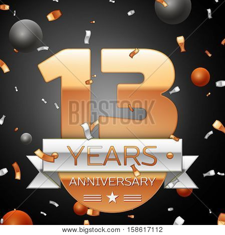 Thirteen years anniversary celebration background with silver ribbon confetti and circles. Anniversary ribbon. Vector illustration.