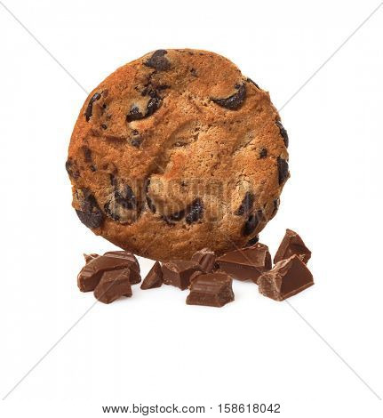 Tasty cookie with chocolate chips on white background