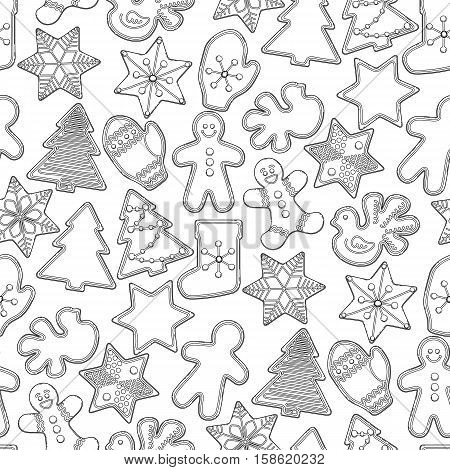 Christmas design with gingerbread of different shapes. Vector seamless pattern. Coloring book page design for adults and kids.