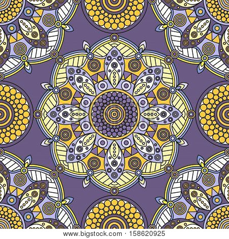Seamless oriental medallion pattern in grayish purple, pale lavender & golden yellow.