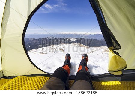 Camping on the top of the mountain in winter.
