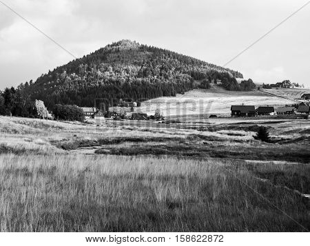 Green forested conical hill, bright yellow summer grass and clear blue sky in Jizera Mountains, Jizerka village and Bukovec Mountain, Czech Republic . Black and white image.