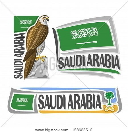 Vector logo Saudi Arabia 3 isolated images: vertical banner Falcon hunting on arabian national state flag, falconry symbol saudi arabia emblem palm tree, crossed swords, falcon on arabic ensign flags