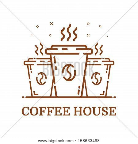 Vector illustration of emblem concept coffee house in line style. Linear brown 3 cups. Icon Design outline object. Coffee shop label, logo, icon.
