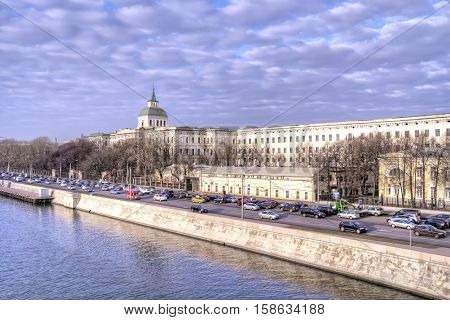 MOSCOW RUSSIA - November 22.2014: Moskva river and the road on the Moskvoretskaya Embankment of the side Kremlin