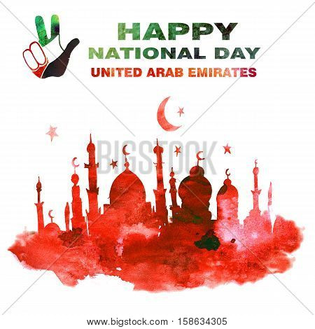 United arab emirates national day. Watercolor hand drawn illustration. Hand on the background of the flag of Arab Emirates. Text 