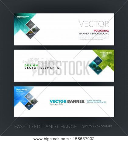 Vector set of modern horizontal website banners with arrow, rectangles, squares, diagonal house window for real estate, business, building, network, communication.  Clean web headers design.
