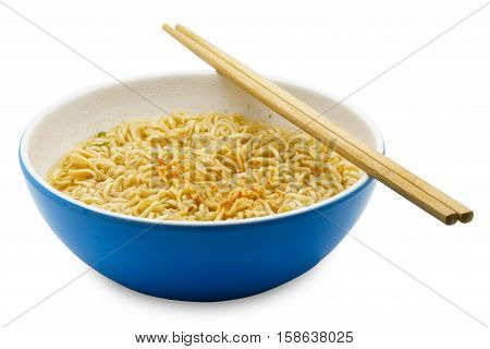 Cooked instant rice noodles in a blue bowl on white background