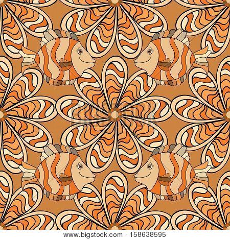 Brown Petals Strape Flowers With Fishes. Vector.